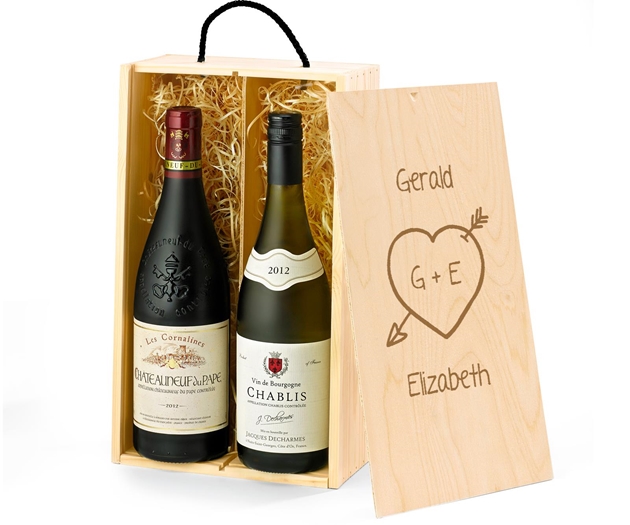 Anniversary & Wedding Premium French Red & White Wine Gift Box With Engraved Personalised Lid